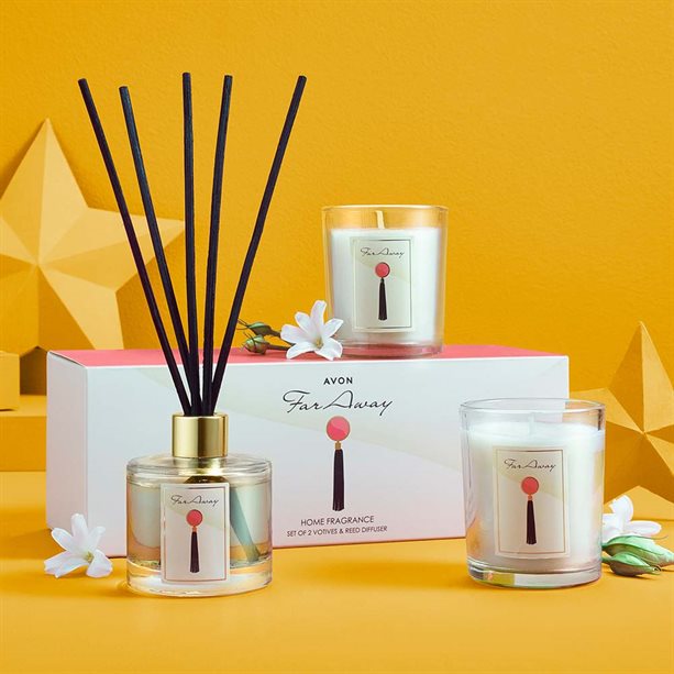 Avon Far Away Home Fragrance Set of 2 Votives & Reed Diffuser